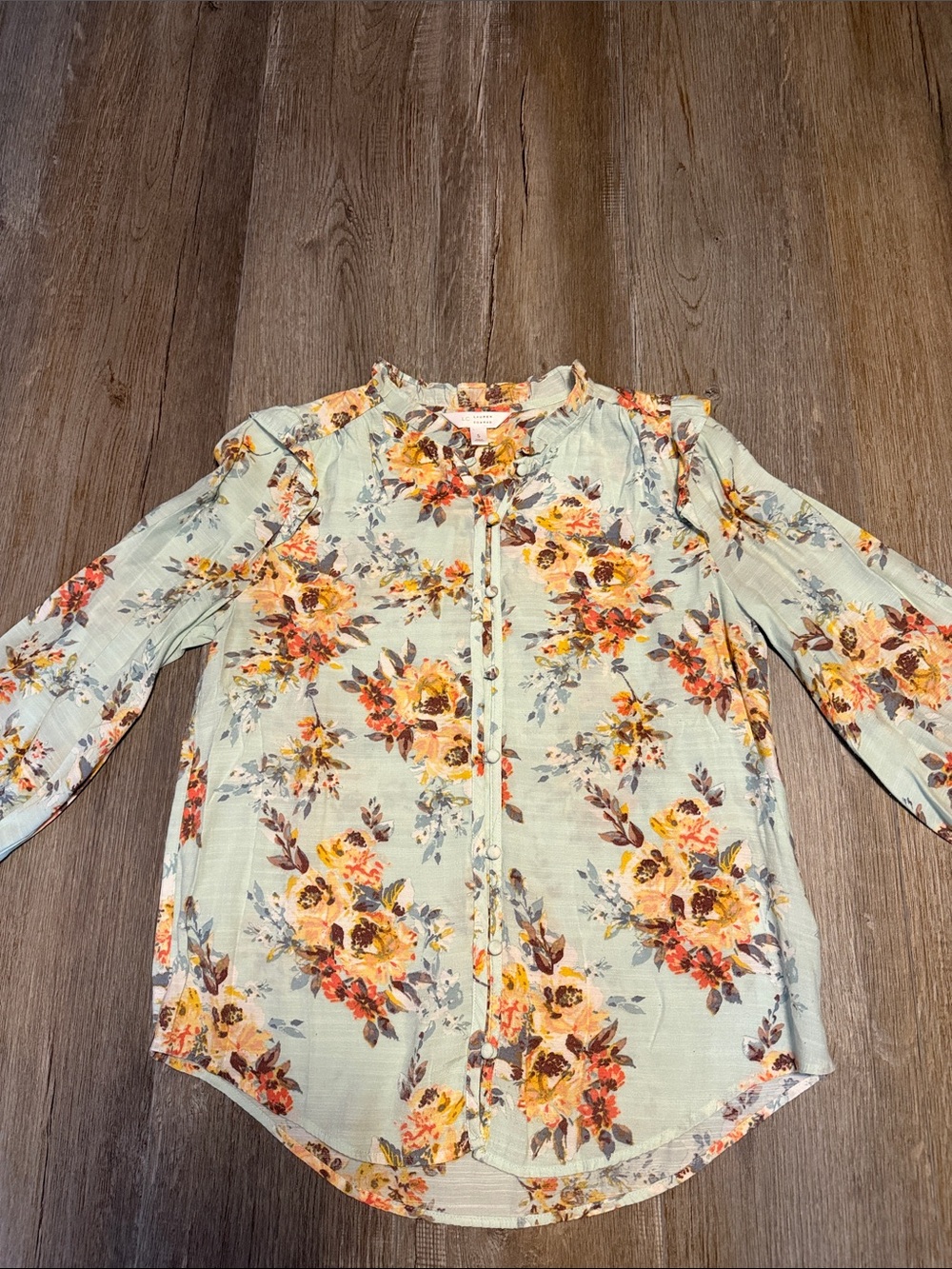 LC Lauren Conrad Mint Floral Ruffle-Trim Button Front Blouse